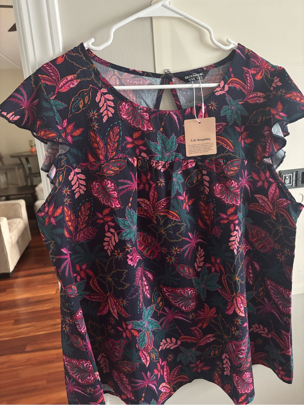 NWT BloomChic Navy Floral Ruffle Sleeve Blouse with Pink & Teal Leaves